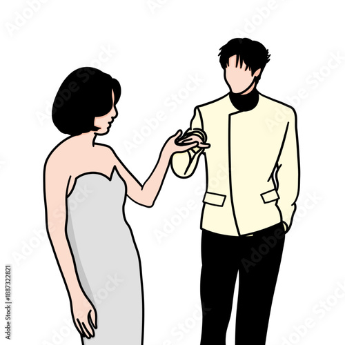 Vector illustration of a romantic couple attending an event while wearing formal attire.