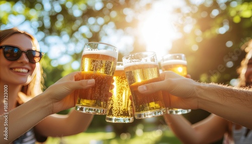 Friends cheering with beer glasses outdoors.