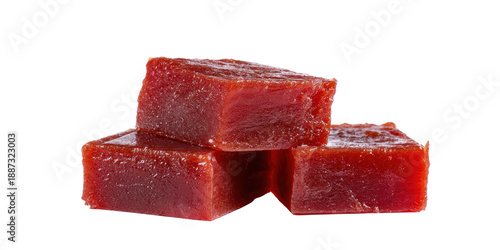 Three Stacked Cubes of Traditional Brazilian Goiabada or Guava Paste a Sweet Red Dessert Treat Isolated on a Transparent Background.