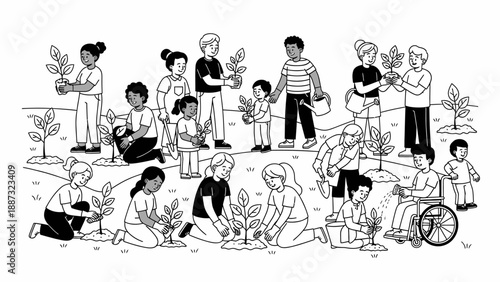 A diverse group of people of various ages and abilities engaging in happy education by planting and nurturing plants in a community garden setting.