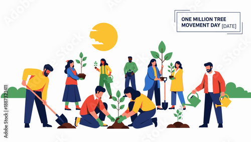Diverse group of people planting trees together on One Million Tree Movement Day with a sunny background.