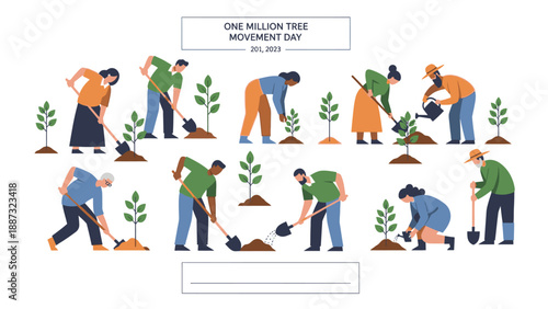 Illustration of diverse people planting trees in various poses with green leaves and soil on a clean white background conveying a happy education and environmental theme.