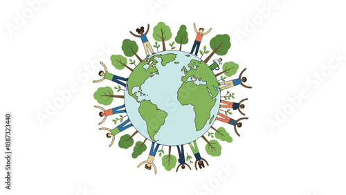 Illustration of diverse people and green leaves encircling the Earth, symbolizing happy education and environmental unity on a white background with a vibrant and educational mood.