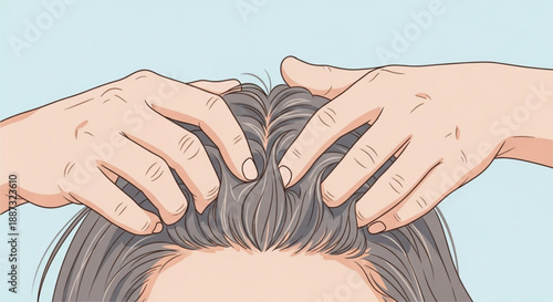 Woman receiving scalp massage hands gently kneading hair roots serene atmosphere soothing illustration detailed close up calming pastel