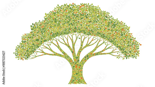 Illustration of a tree with a colorful, vibrant canopy and a sturdy trunk, symbolizing happy education and growth against a plain white background with a mix of green, orange, and yellow