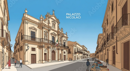Historic european street scene with ornate buildings and people walking on sunny day