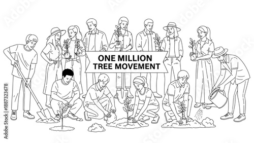 Line drawing of diverse group of people planting trees and standing behind a sign reading 'ONE MILLION TREE MOVEMENT' with a focus on happy education and environmental conservation.