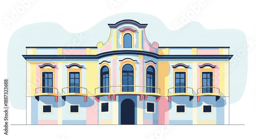 Colorful illustration of a large ornate building with pastel colors arched windows and balconies against a soft white background with clouds