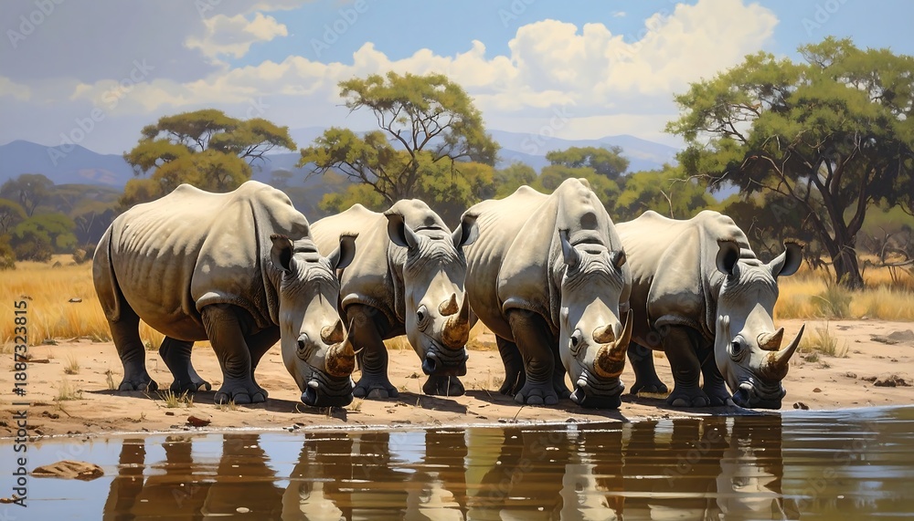 Fototapeta premium Rhinos at the Waterhole - A Moment of Tranquility in the Wild.