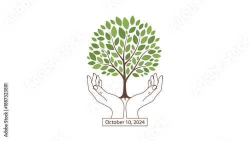 Illustration of two hands cradling a growing tree with green leaves and a date label, symbolizing happy education and environmental care on a white background with a natural and hopeful