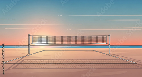 Beach volleyball net on sandy shore at serene sunset with calm ocean and blue sky background recreation