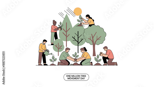 Illustration of diverse people engaging in happy education by planting trees and nurturing growth in a sunny outdoor setting.