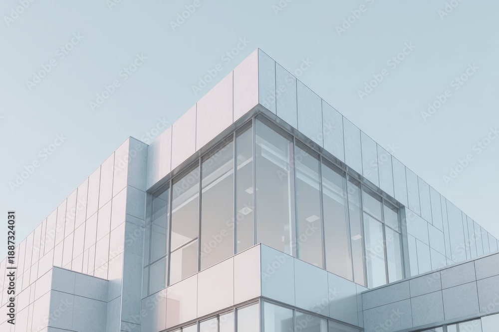Obraz premium Modern building with large glass windows against a clear sky.
