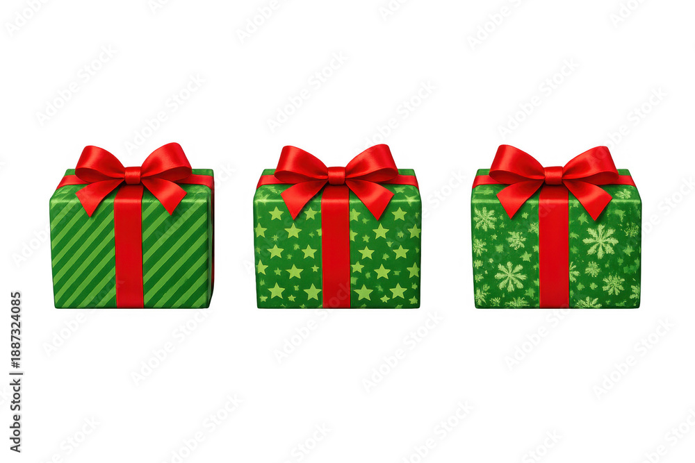 Fototapeta premium Multiple christmas gifts in green wrapping paper with red bows, presenting festive holiday celebration and surprise
