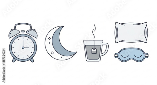 Sleep and relaxation elements including alarm clock moon tea pillow and sleep mask in a minimalist blue and white design