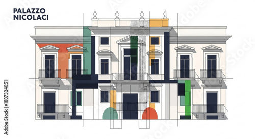 Colorful architectural illustration of palazzo nicolaci building facade with detailed design and vibrant accents