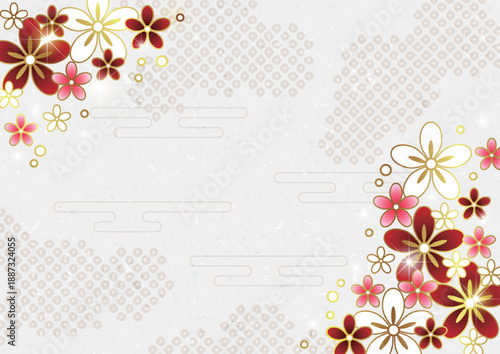 鹿の子雲、文様花、和風背景、かわいい、白、横