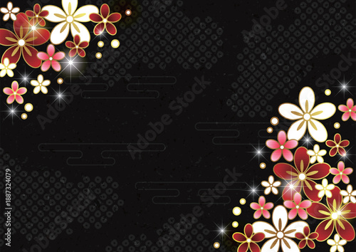 鹿の子雲、文様花、和風背景、かわいい、黒、横