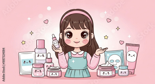 Young girl surrounded by skincare products holding serum and cream jars with pastel colors and soft lighting