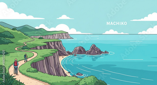 Hikers on coastal path with scenic ocean view and rocky cliffs on a sunny day with blue sky