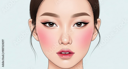 Illustration of a woman's face with natural makeup and subtle blush on a light blue background showcasing beauty and elegance