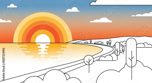 Vector illustration of serene landscape with vibrant rainbow sunrise over calm waters and winding road