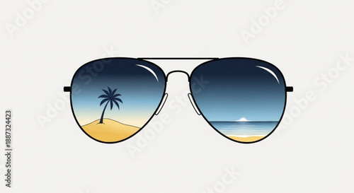 Sunglasses reflecting a serene beach scene with a palm tree and ocean at sunset perfect for summer vacation and travel themes