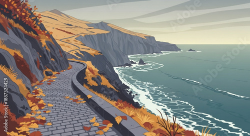 Winding coastal path along rocky cliffs with ocean waves and autumn foliage in a serene landscape illustration