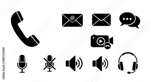 Communication Icons Phone, Email, Video Call, Microphone and More