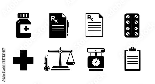 Comprehensive collection of medical and pharmacy icons, essential for healthcare and science design projects