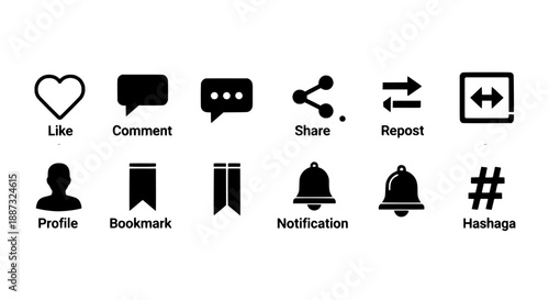 A sleek collection of essential social media and digital interface interaction icons