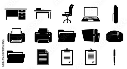 Streamlined Office Tools and Business Equipment Vector Icons Collection for Workplace Productivity