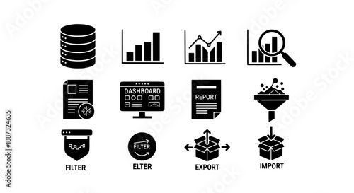 Data analysis and management icons with filter, export, and import functions