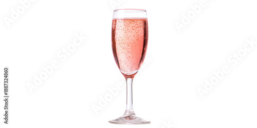 A Beautiful Crystal Flute Glass Filled with Delicious Pink Rose Sparkling Wine Showing Many Fizzy Carbonation Bubbles on a Transparent Background.