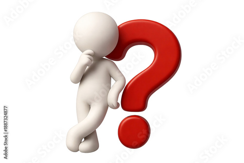 3D white character in thinking pose leaning on a large red question mark. Symbolizes curiosity, inquiry, and problem-solving concepts.