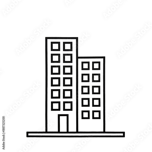 Minimalist line art icon of a multi - story building with a high - rise and a shorter structure, representing urban architecture, cityscape, and real estate development.