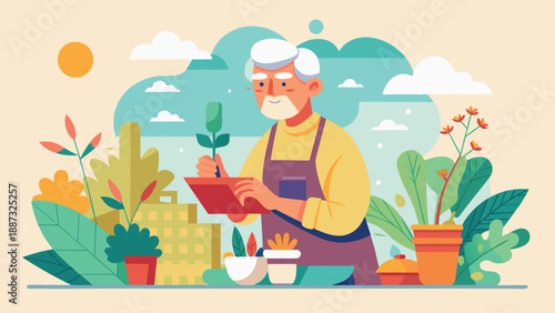 A cheerful retired person happily gardening in a vibrant and colorful setting
