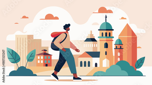 A person with a backpack walks through a vibrant cityscape, embodying a sense of adventure and freedom.