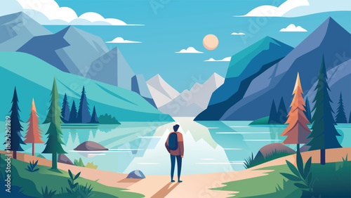 Experience serenity with this peaceful landscape illustration of a person by a lake, perfect for projects needing a calm and inspiring visual.