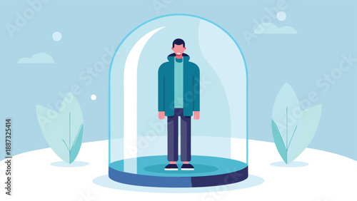 A person stands shielded in a protective bubble, conveying safety and isolation in a modern, minimalist flat vector illustration.