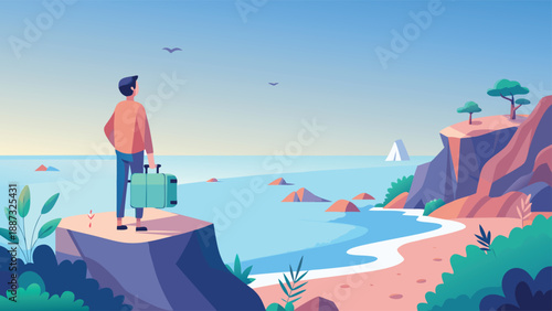 Serene ocean landscape with person standing on cliff, holding luggage, evoking feelings of freedom and adventure.