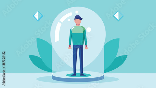 A person stands serenely in a protective bubble, evoking feelings of solitude and contemplation.