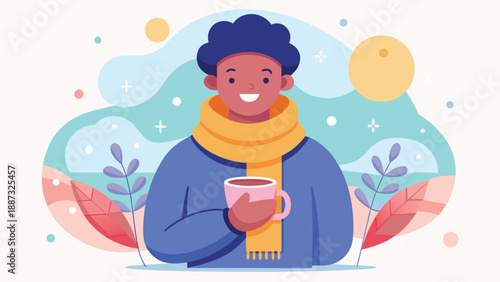 A smiling person in warm winter clothing holding a mug, perfect for illustrating cozy moments, winter scenes, or casual lifestyle themes.