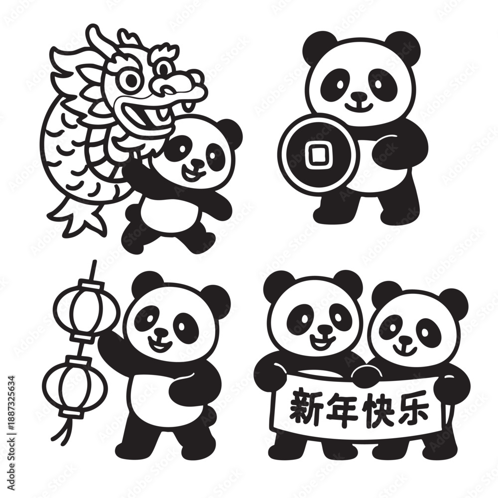 Fototapeta premium Playful panda celebrating Chinese New Year with dragon, lantern and coin, cheerful scene