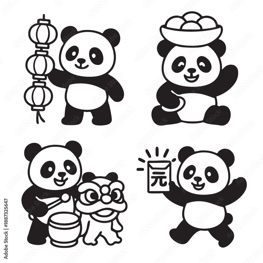 Fototapeta premium Panda characters celebrating Chinese New Year with lantern, drum, lion and red envelope festive