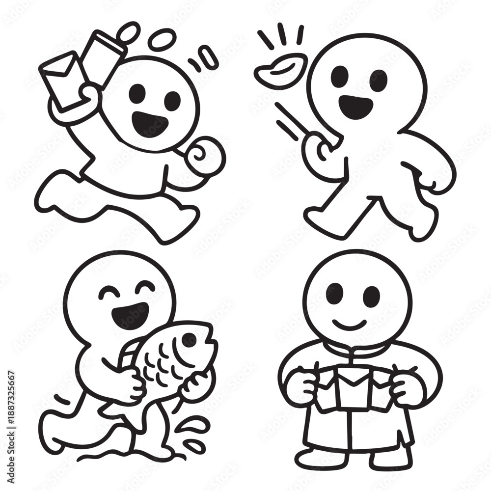 Obraz premium Happy joyful cartoon characters celebrating festival with food and gifts