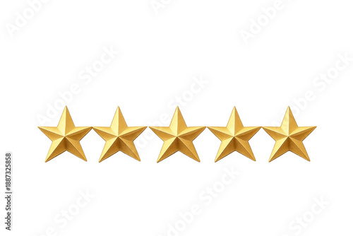 Five golden stars illustration, representing a five-star rating or award. Shiny, decorative symbols ideal for quality reviews, excellence badges, or design elements.
