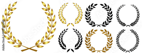 Collection of golden and black laurel wreaths, symbols of victory, achievement, and honor. Ideal for awards, badges, or decorative emblems in various designs.