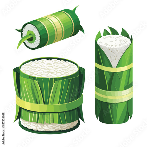 Cylindrical Rice Cake Lontong Wrapped in Leaf Vector, Traditional Indonesian Rice Roll Food Icon Isolated