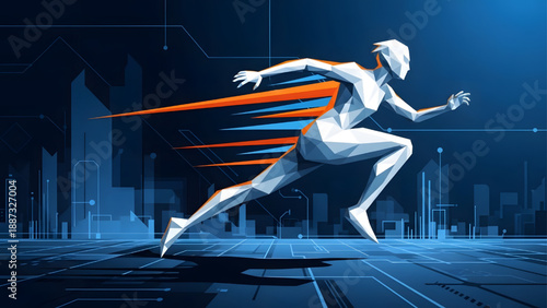 Low poly vector illustration of a futuristic white geometric figure running fast with speed trails on a blue digital city background